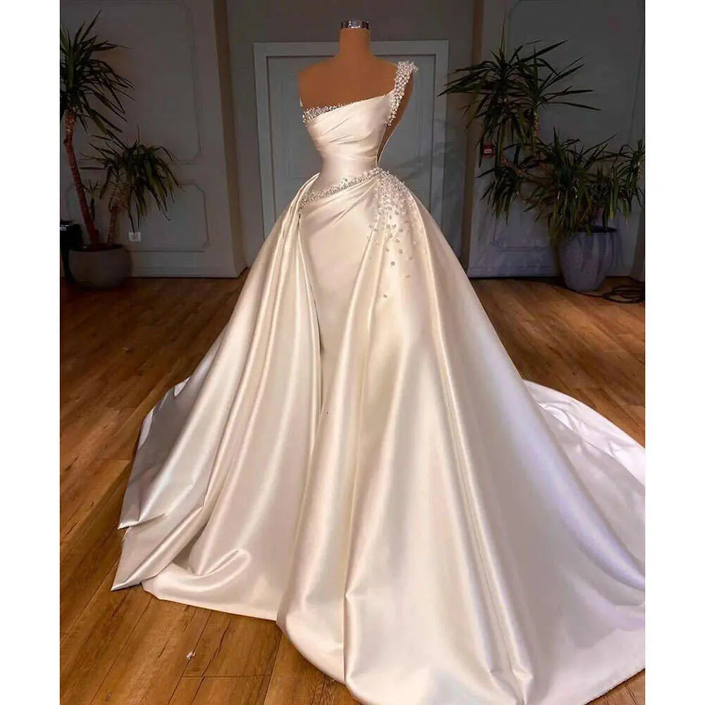 STEVDITG Pearls Bride Fashion Sleeveless Beading Detachable Tail Mermaid Gowns Elegant Court Train Wedding Dress