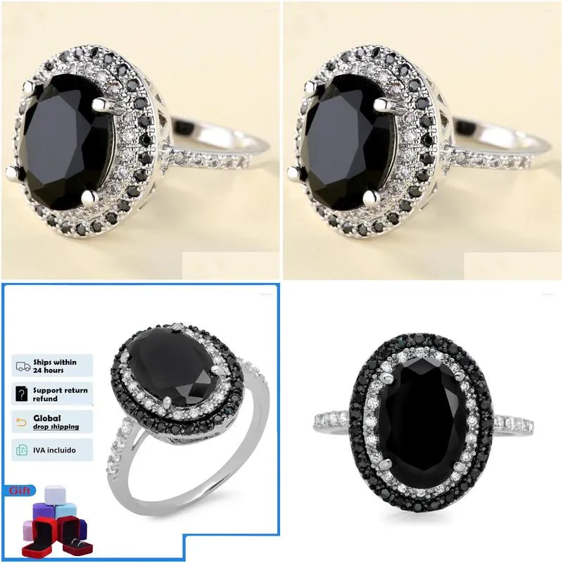 Cluster Rings HOYON Inlaid Black Gemstone Zircon Ring For Women 925 Sliver Color Wedding Jewelry Gem Two Tone Diamond