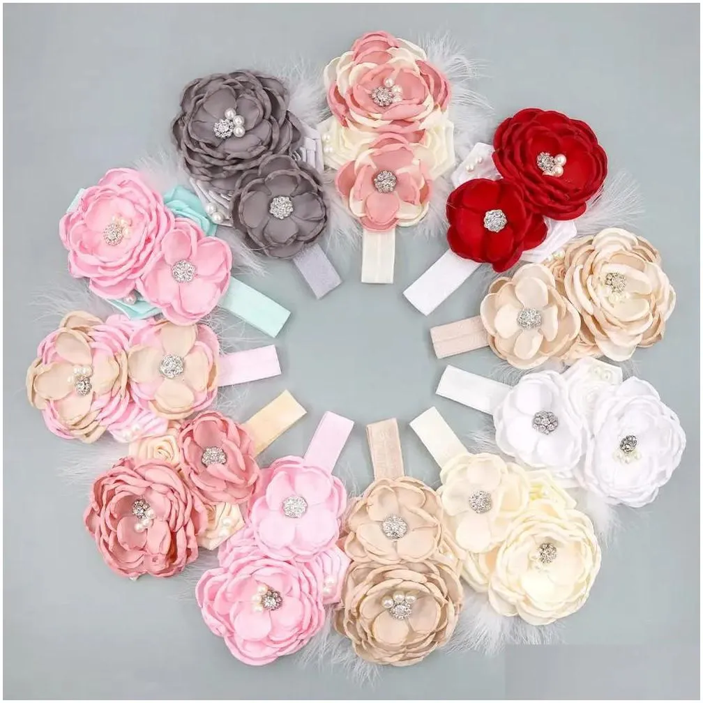 10 Pcs / Lot Feather Stain Flower Baby Girl Headband with Spandex Elastic Band Pearl Rhinestone Headwear Kids Hair Accessories 240328