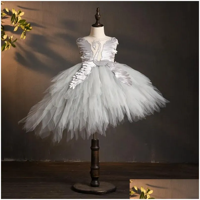 Black Flower Tulle Girl Dress Swan Crystal Tulle Princess Pageant Wedding Clothes Kids Birthday Party Dress Evening Ball Gown