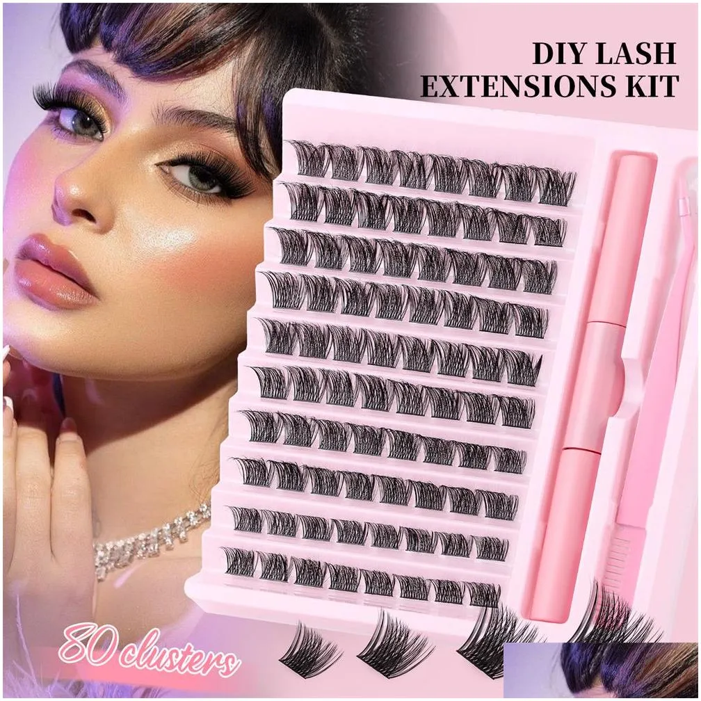 Wholesale 80 clusters eyelashes DIY segment false eyelash glue tweezers set with Eyelash tool kit