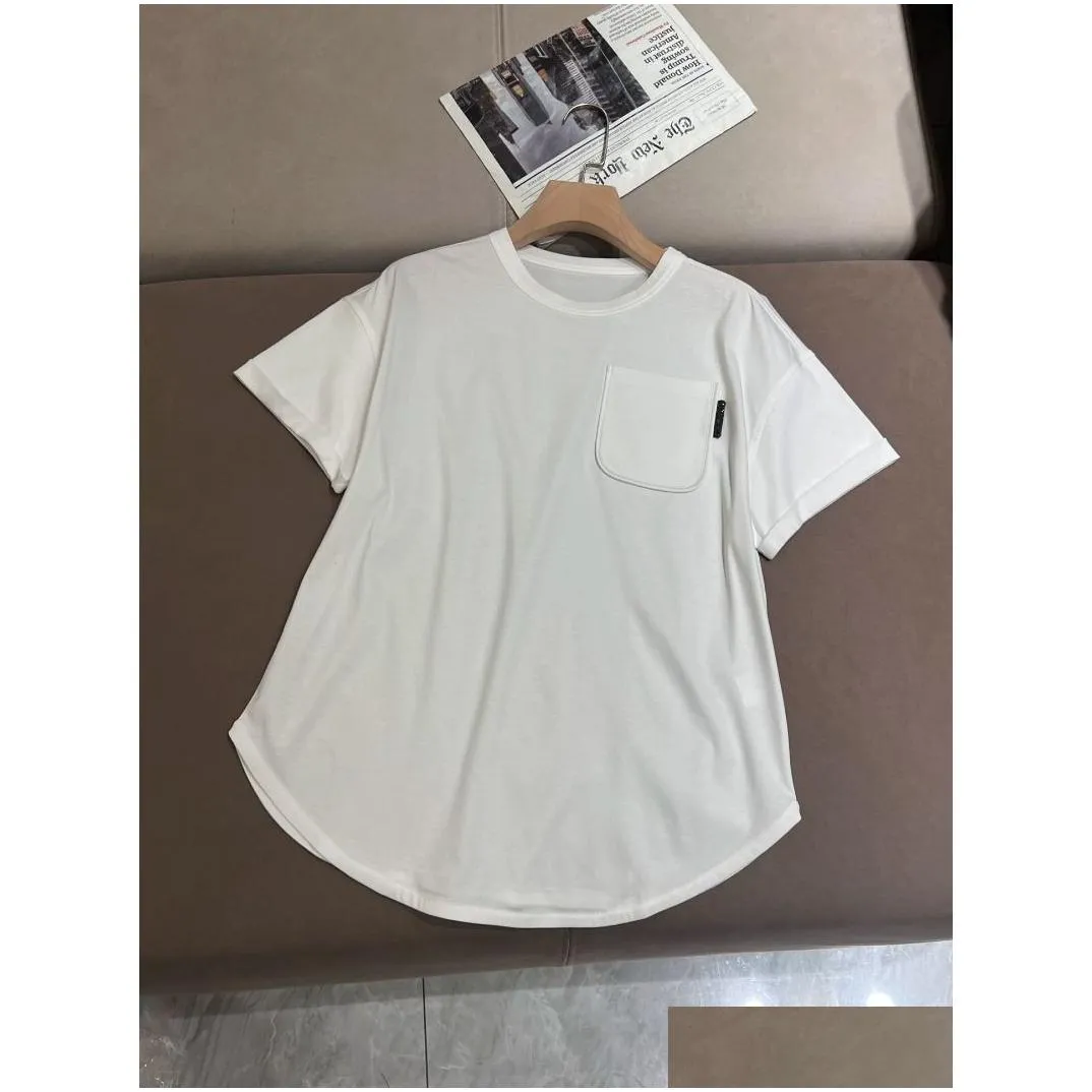 Women T Shirts Spring Round Neck brunello Single Pocket Cotton T-shirt Black White Light Green