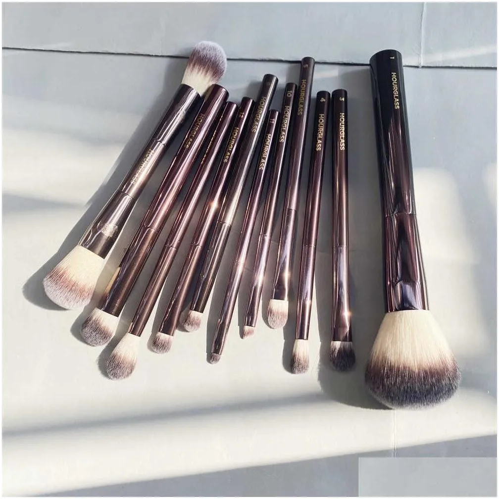 Hourglass Makeup Brushes Set - 10-pcs Powder Blush Eyeshadow Crease Concealer eyeLiner Smudger Dark-Bronze Metal Handle Cosmetics