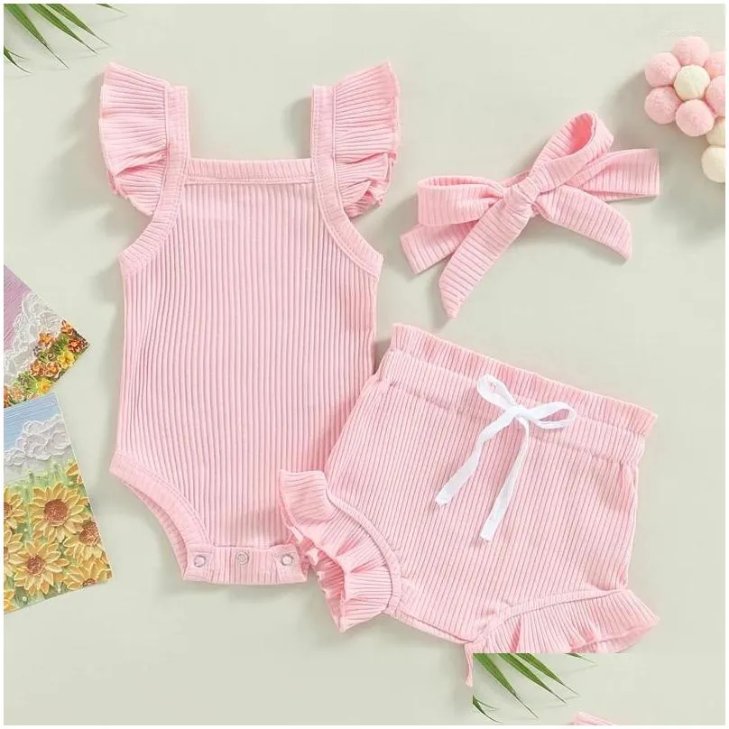 Clothing Sets VISgogo Baby Girls Clothes Set Sleeve Solid Color Romper Tops Drawstring Short Pants Headband 3PCS Summer Casual Outfits