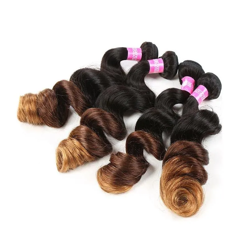 Colored Brazilian Ombre Dark Brown Human Hair Bundles With Closure Three Tone 1430 Loose Wave Blonde Hair Weave With Lace Closu4461409