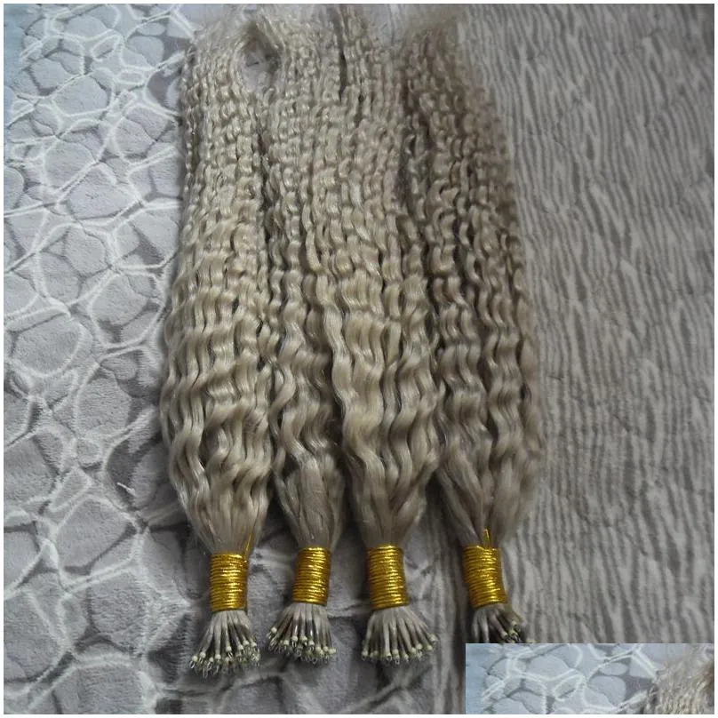 Silvery kinky curly Remy Hair Extensions Pre Bonded Nano Loop Ring Hair 200g 7a 100 Remy Hair 200pcs Nano Rings Beads7566190