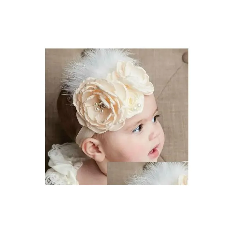 10 Pcs / Lot Feather Stain Flower Baby Girl Headband with Spandex Elastic Band Pearl Rhinestone Headwear Kids Hair Accessories 240328