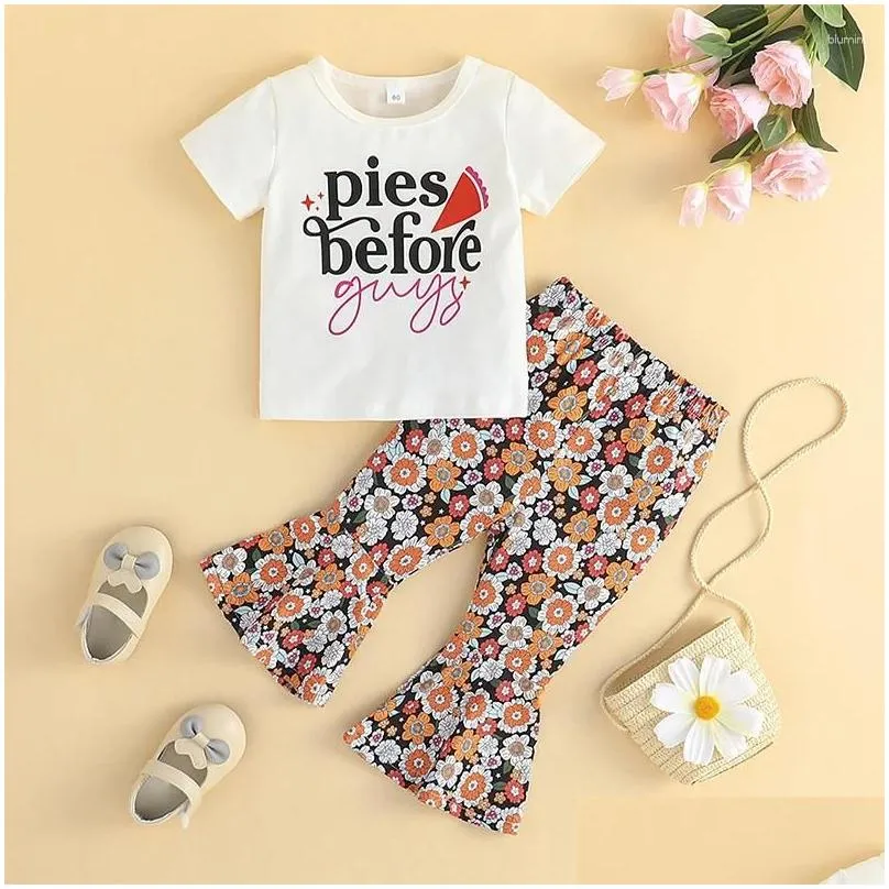 Clothing Sets Toddler Girl Summer Outfits Letter Print Crew Neck Short Sleeve T-Shirts Flower Flare Pants 2Pcs Clothes Set
