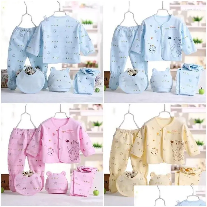 Clothing Sets 5pcs/set 0- Born Baby Suit Set Top 2 Pants Hat Bibs Boy Girl Clothes Pure Cotton Breathable Cartoon Underwear