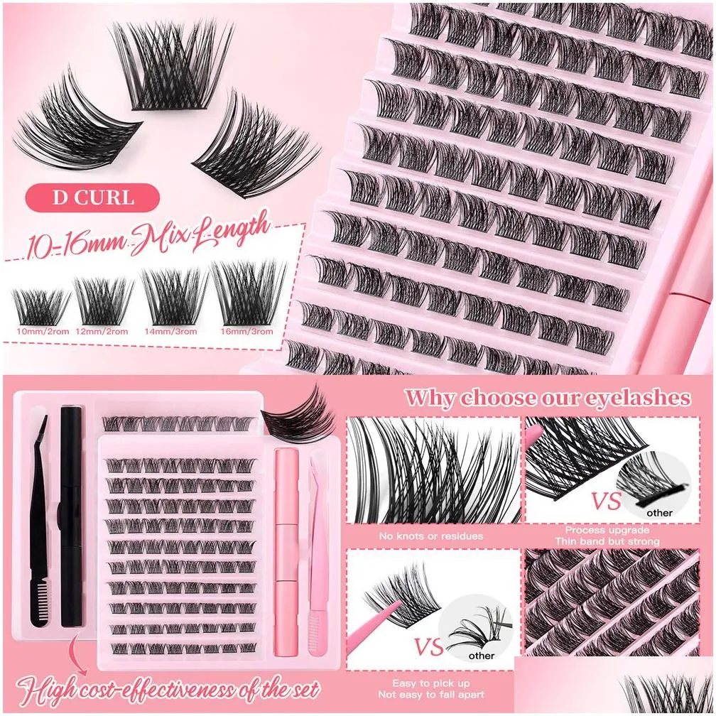 Wholesale 80 clusters eyelashes DIY segment false eyelash glue tweezers set with Eyelash tool kit