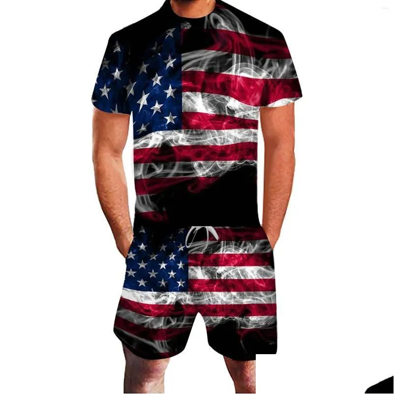 Men`s Tracksuits Independence Printing Jogging Clothing Summer Sets Leisure Sports 3d American Day Flag Fitness Two-Piece Suit Male