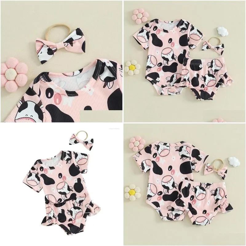 Clothing Sets Baby Girl Clothes Cow Print Short Sleeve Knit Romper Bodysuit Shorts Headband Set Summer Outfit