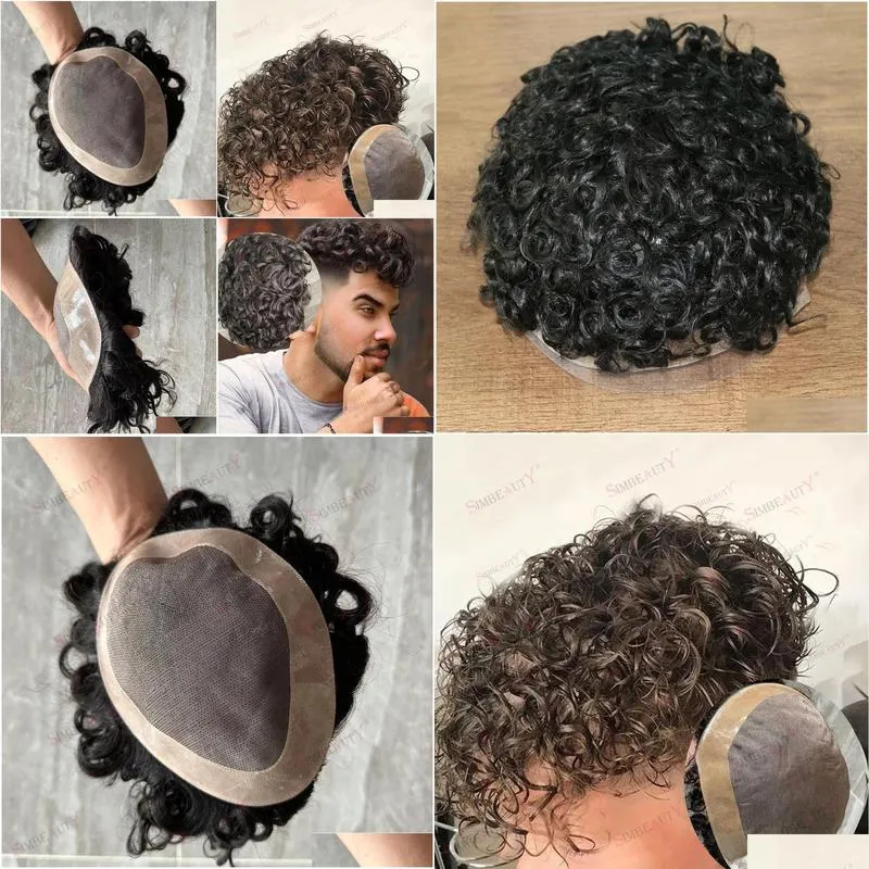 Toupees 20mm Curly Breathable Mesh Super Durable Mono Lace with Pu Around Human Hair Fashion Toupee Replacement System Prosthesi For