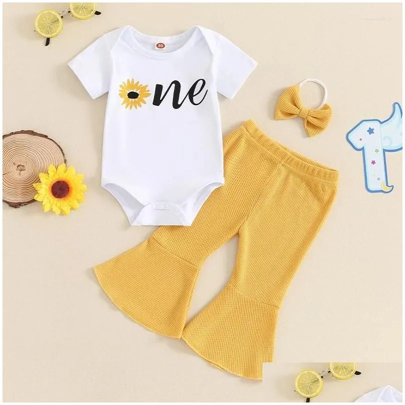 Clothing Sets Baby Girl First Birthday Outfit Trip Around The Sun Romper Bell Bottom Pants With Headband 3Pcs Set
