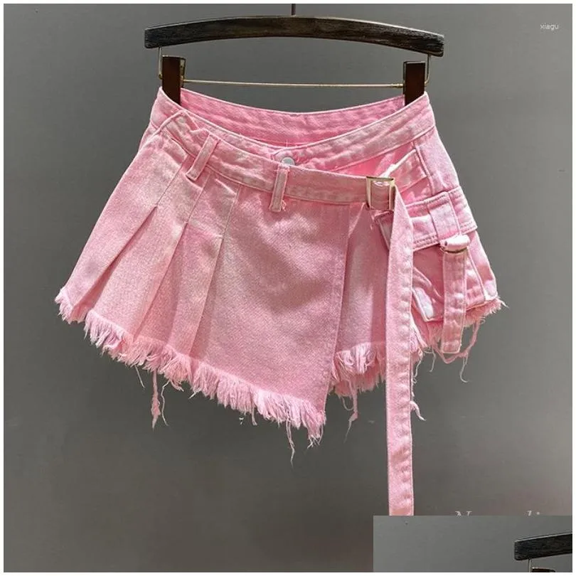 Skirts Irregular Pink Denim Skirt Women`s Summer High Waist Slimming False Two-Piece A- Line Workwear Short Mini 2023