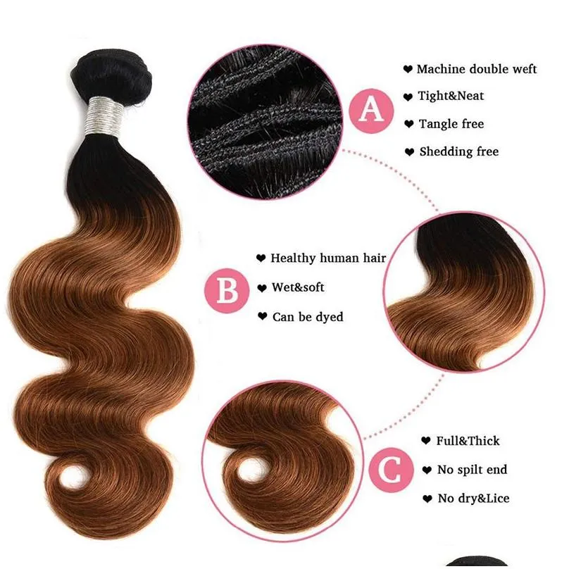 Ombre Brazilian Virgin Hair Body Wave Bundles With Lace Closure 1 B30 Ombre 3 Bundles with 44 Closure Human Hair Extensions1826703