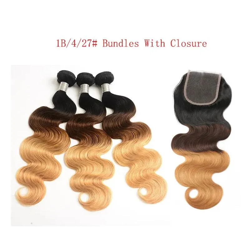 Ombre Brazilian Virgin Hair Body Wave Bundles With Lace Closure 1 B30 Ombre 3 Bundles with 44 Closure Human Hair Extensions1826703