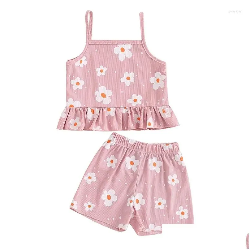 Clothing Sets 2Pcs Toddler Baby Girls Summer Clothes Floral Print Ruffled Sleveless Sling Crop Tops Elastic Waist Shorts Set