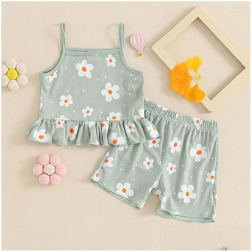 Clothing Sets 2Pcs Toddler Baby Girls Summer Clothes Floral Print Ruffled Sleveless Sling Crop Tops Elastic Waist Shorts Set