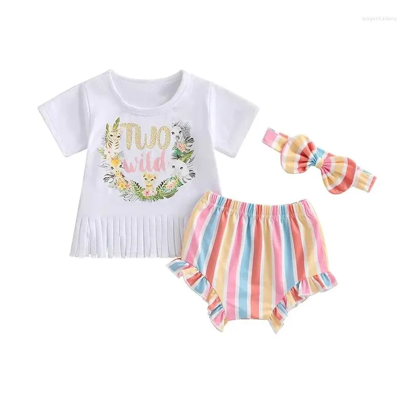 Clothing Sets Baby Girls Shorts Set Letters Animal Print Tasseled T-shirt With Striped And Bowknot Hairband Summer Outfit