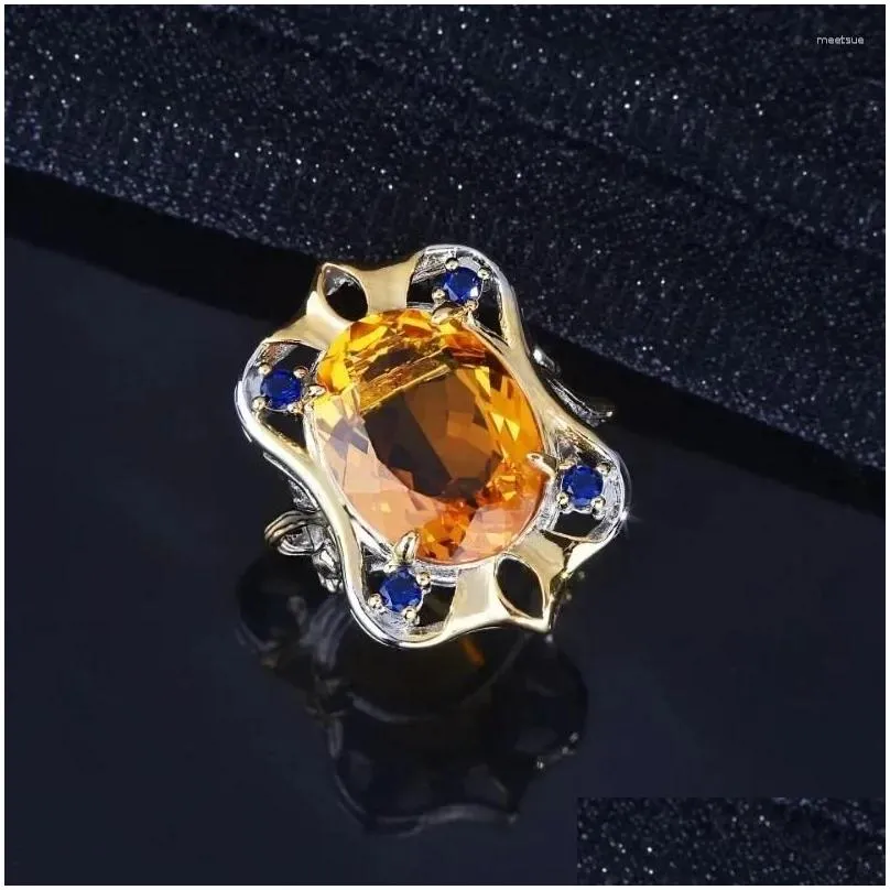 Cluster Rings 925 Silver Italian Court Carving Craft Yellow Diamond Color Treasure For Women Light Luxury Retro Two-color Open Ring
