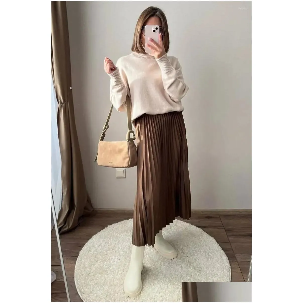 Skirts Chic Pleated Long 2024 Elastic Waist French Elegant Women For Spring Fall A-line Casual Retro Lady