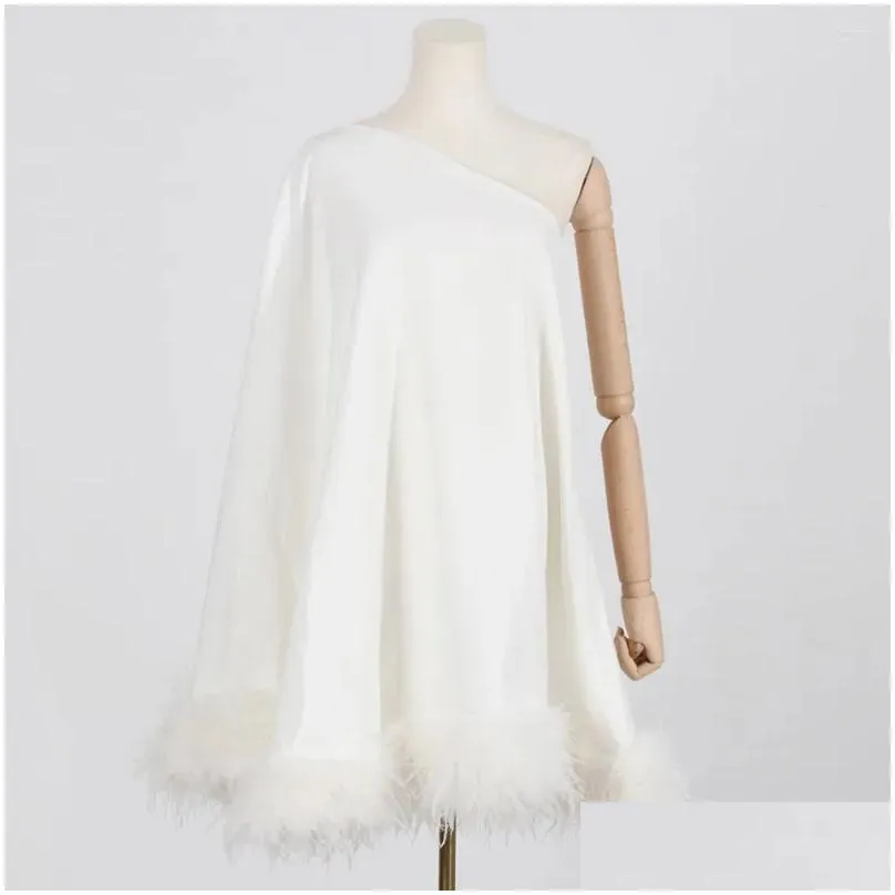 Casual Dresses Modphy 2023 Off One Shoulder Female Diagonal Collar Long Sleeve Loose Waist Feathers Solid Mini Dress For Women