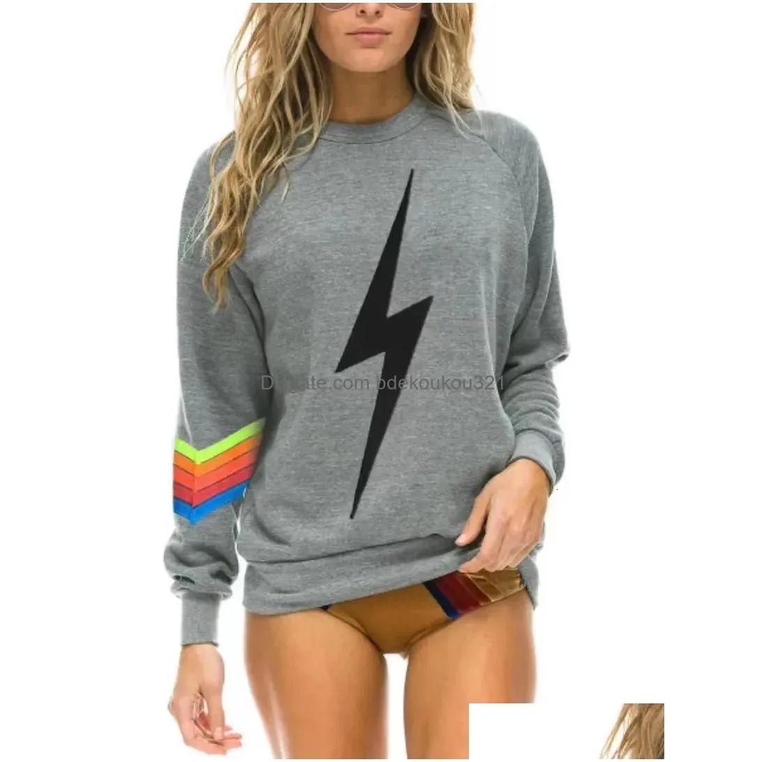 Women`S Hoodies & Sweatshirts Women S 2023 Autumn And Winter Elastic Sweatshirt Rainbow Print Round Neck Plover Nation 5 Srtipe Sweat Dhpvu
