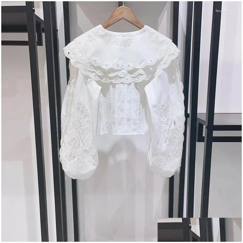 Women`s Blouses 2024 Spring And Summer Women Multi-layered Lace Doll Collar Hollow Slim Bow Short Shirt