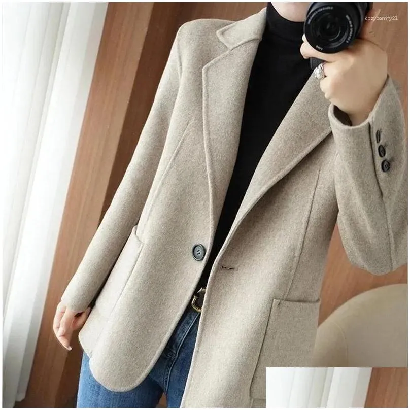 Women`s Suits Autumn Winter Woolen Blazers Solid Single Button Short Jacket Elegant Lady Casual Office Suit Coat Outerwear Female