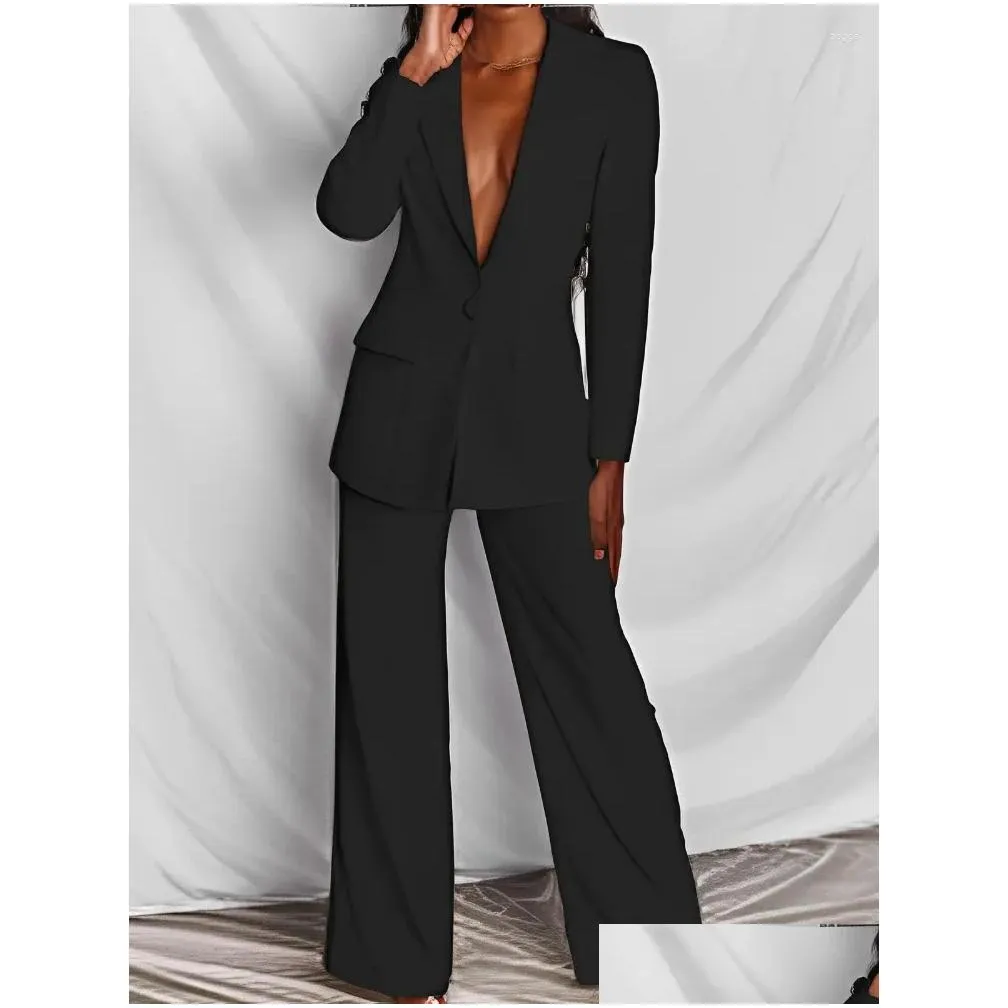 Women`s Two Piece Pants Sets Women Suits Autumn Winter High Waist Straight Single Button Korean Coat Casual Solid Blazer Long Sleeve
