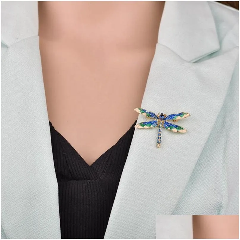 Pins, Brooches Dragonfly Brooch Luxury Designer Rhinestone Crystal Pins Gold Alloy Enamel Pin Vintage Fashion Women Wedding Garments Dhn7E