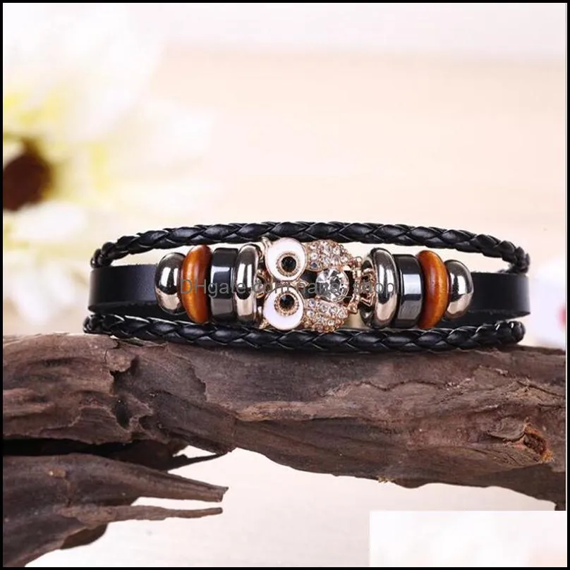 crytal owl charm woven genuine leather charm bracelets men jewelry pulseira masculino party gift