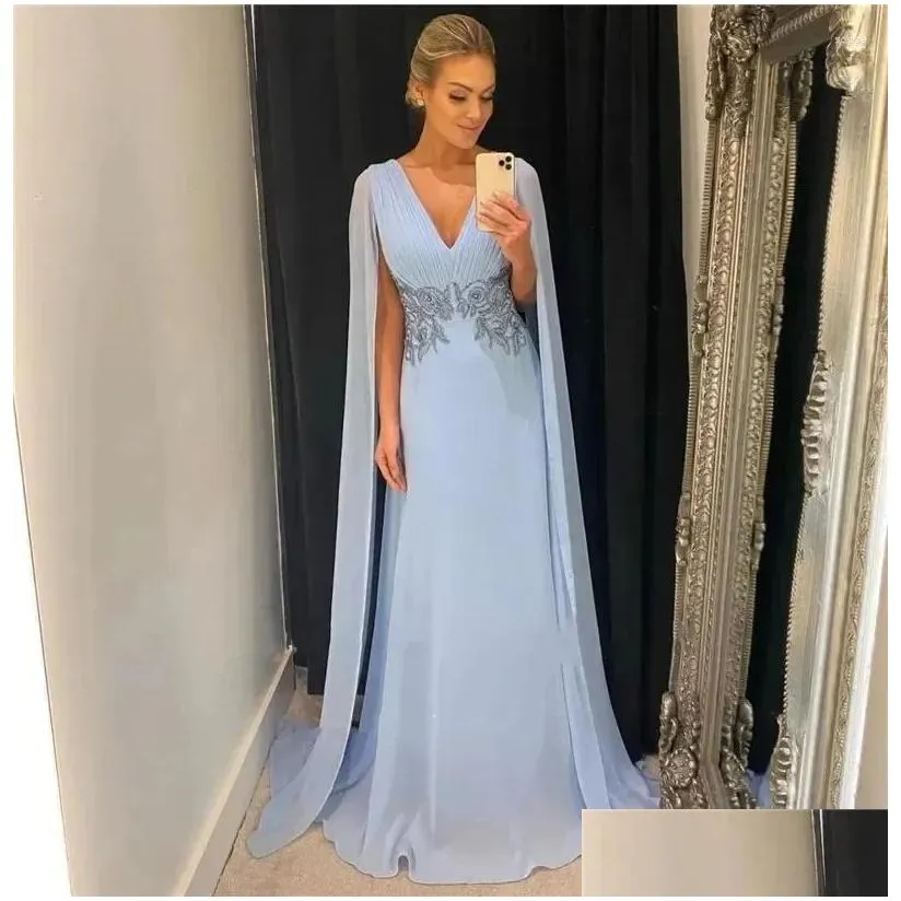 Party Dresses Bomaris Light Blue Chiffon Prom Long Cape Sleeves V Neck Lace Applique Vestidos De Festa Evening Gowns For Women