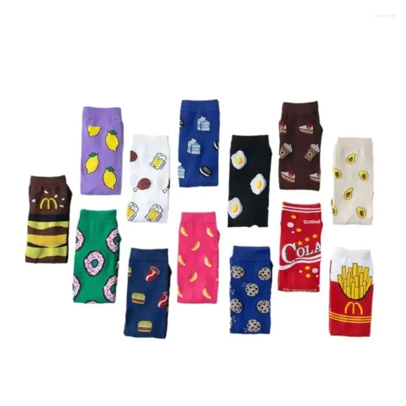 Women Socks Funny Cute Cartoon Fruits Lemon Egg Cookie Donuts Food Men Skateboard