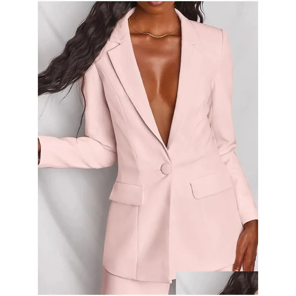 Women`s Two Piece Pants Sets Women Suits Autumn Winter High Waist Straight Single Button Korean Coat Casual Solid Blazer Long Sleeve