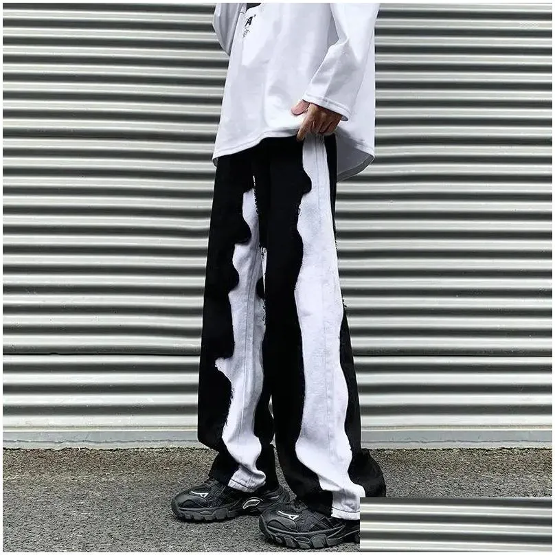 Men`s Jeans Pink American High Street European And Pants Design Sense Splicing Loose Wide Leg For Men