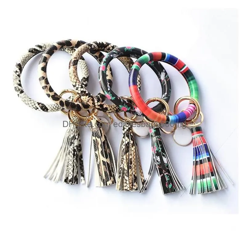 fashion women girls tassels party bracelets pu leather wrap party key ring leopard lily print keychain wristband drip oil circle bangle chains