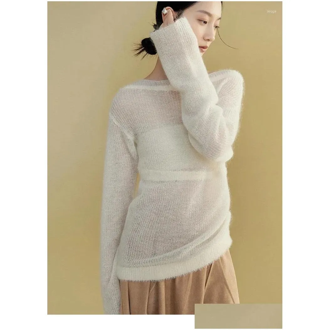 Women`s Sweaters Thin Sweater With Off Shoulder Stripe Wool Knitted