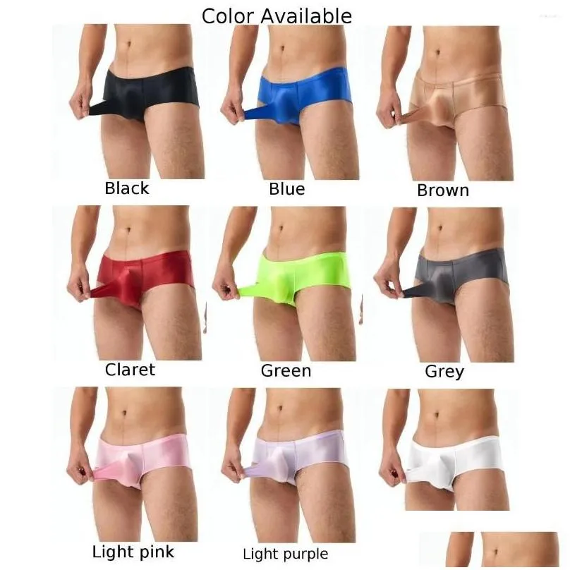 Underpants Mens Pouch Solid Thong Briefs Glossy Underwear Sissy Erotic Lingerie Oil Shiny Panties Long Elephant Nose JJ Sleeve