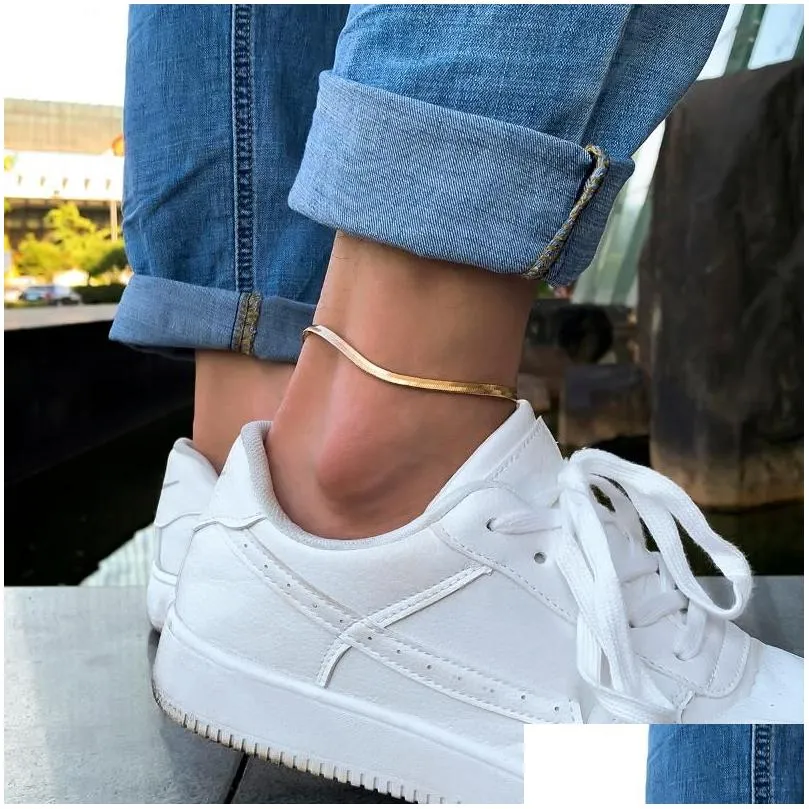 anklets gothic basic simple flat blade snake chain bracelet on the leg for men women punk gold color copper anklet kpop foot jewelry