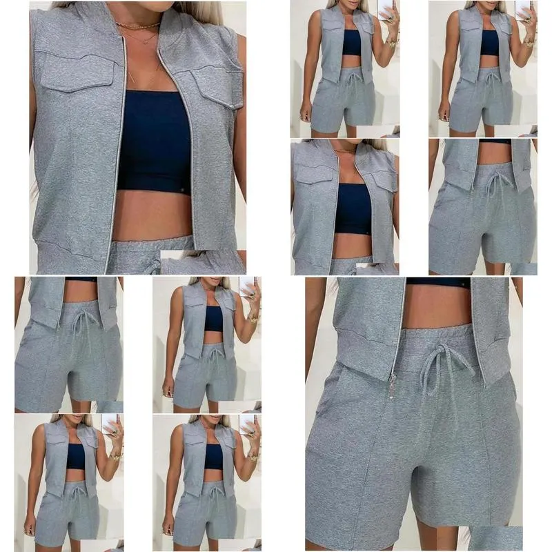 Women`s Tracksuits Summer Sporty 2024 Casual Clothes Zipper Design Vest Top & Drawstring Shorts Set Female Fashion Short Pants Sets