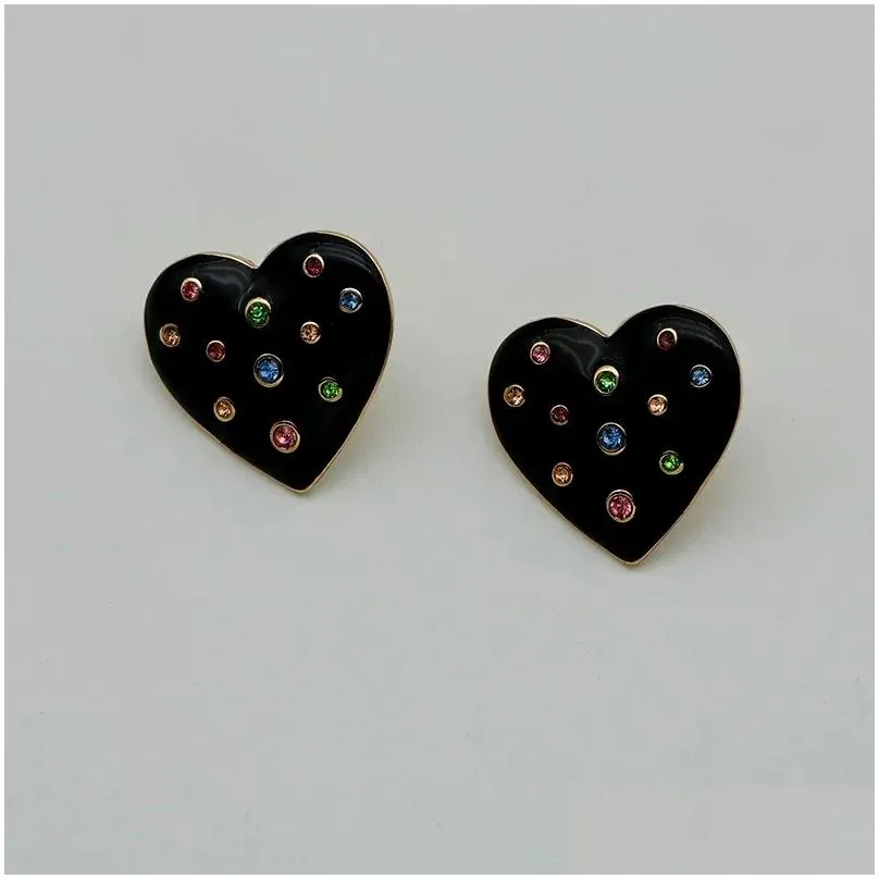 Stud Earrings Black Epoxy Metal Post Heart For Women Colorful Glass Stone Large Statement Studs Vintage Fashion Style Party C1181