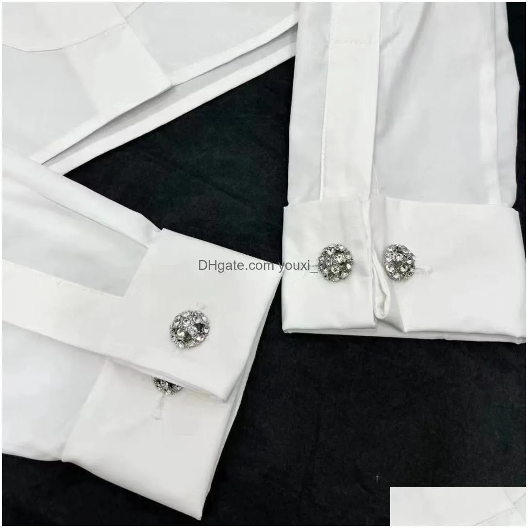 Women`S Blouses & Shirts Spring Womens Shirt Designer Blouse Luxury Cropped Long Sleeved Fashion Rhinestone Buttons On Cuffs White To Dhbm9