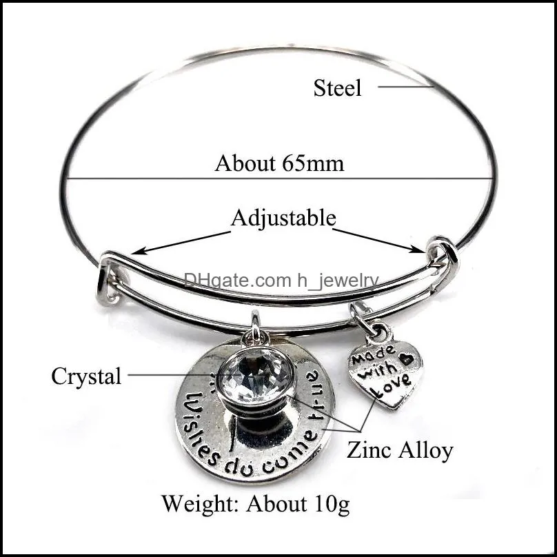 Charm Bracelets Birthstone Bracelet For Women Fashion Jewelry Gift Steel Wire Cuff Bangle Wish Do Come True Cute Made With Love Heart Dhr9O