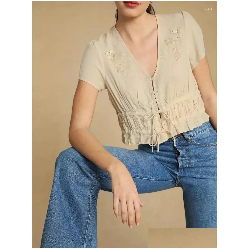 Women`s Blouses Women Shirt 2023 Spring/Summer Embroidered Buttoned Strap Short Sleeve Casual Top