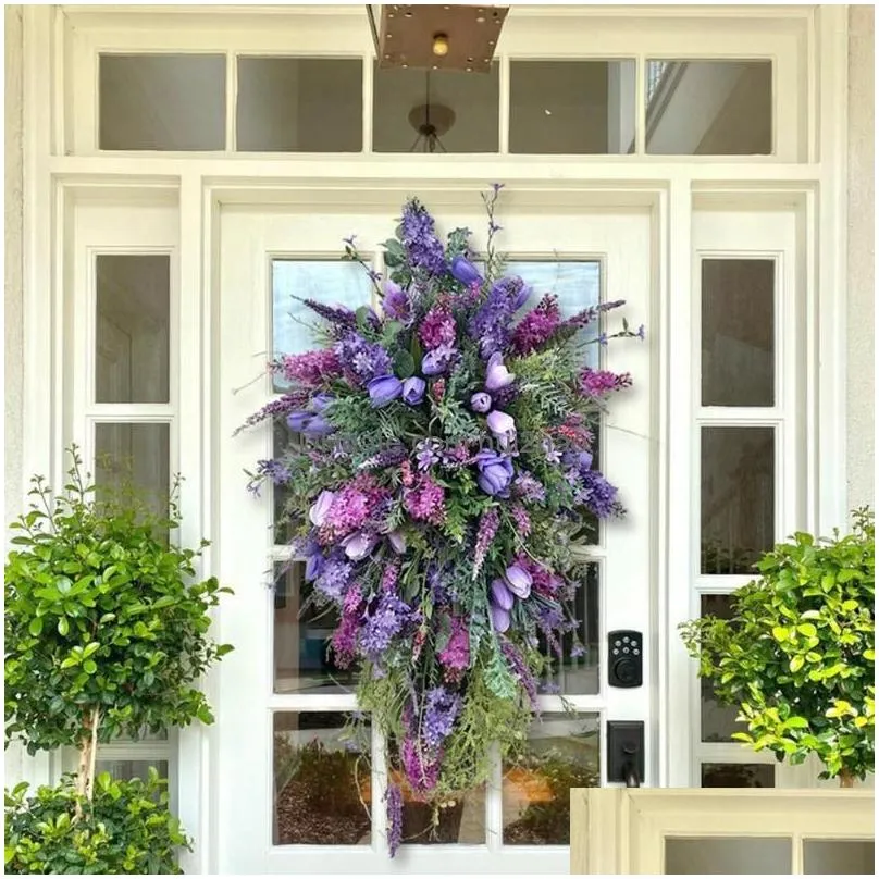 decorative flowers spring purple tulip wreath lilac hydrangea colourful spring/summer home decoration