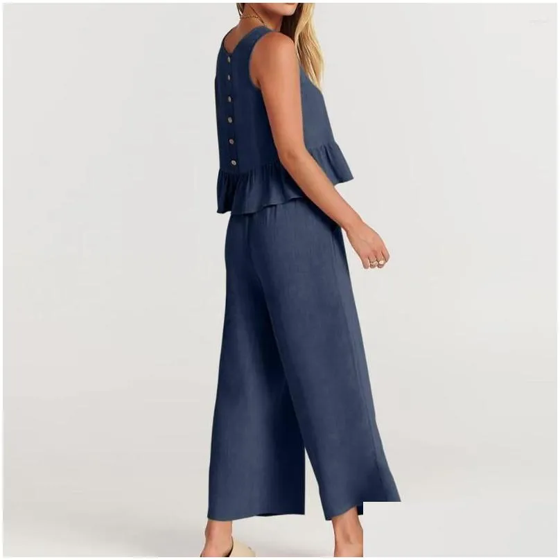 Women`s Two Piece Pants 2 Pcs/Set Solid Color Pockets Keep Cooling Deep Crotch Women Summer Outfit Set Tank Top Lady Garment