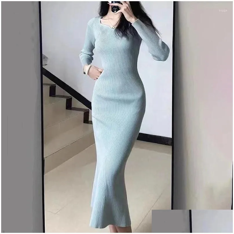 Party Dresses Knitted White Dress Women Autumn Long Sleeve V-neck Slim Sweater Female French Style High Waist Bodycon Wrapped