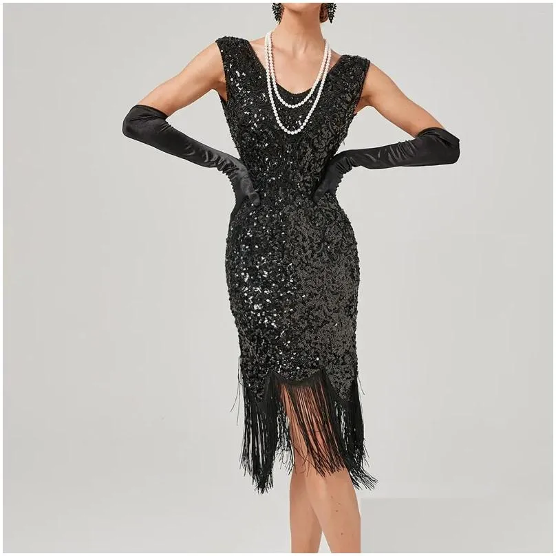 Stage Wear 1920s Vintage Great Gatsby Party Dress Women Sexy V-Neck Sleeveless Beaded Sequin Tassel Tango Dance Flapper Midi